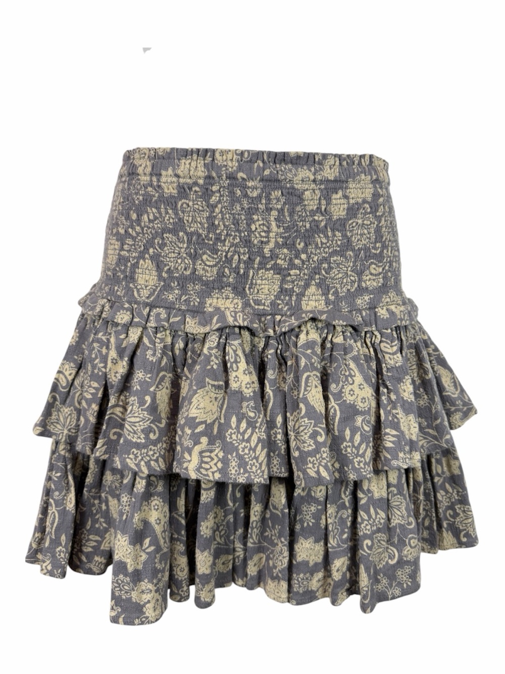 Unsubscribed Floral Paisley Smocked Tiered Cotton Mini Skirt 6 Gray Boho Ruffle